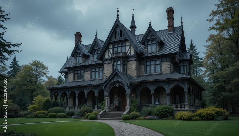 Fototapeta premium A Gothic-inspired home with pointed arches and deep, dark hues