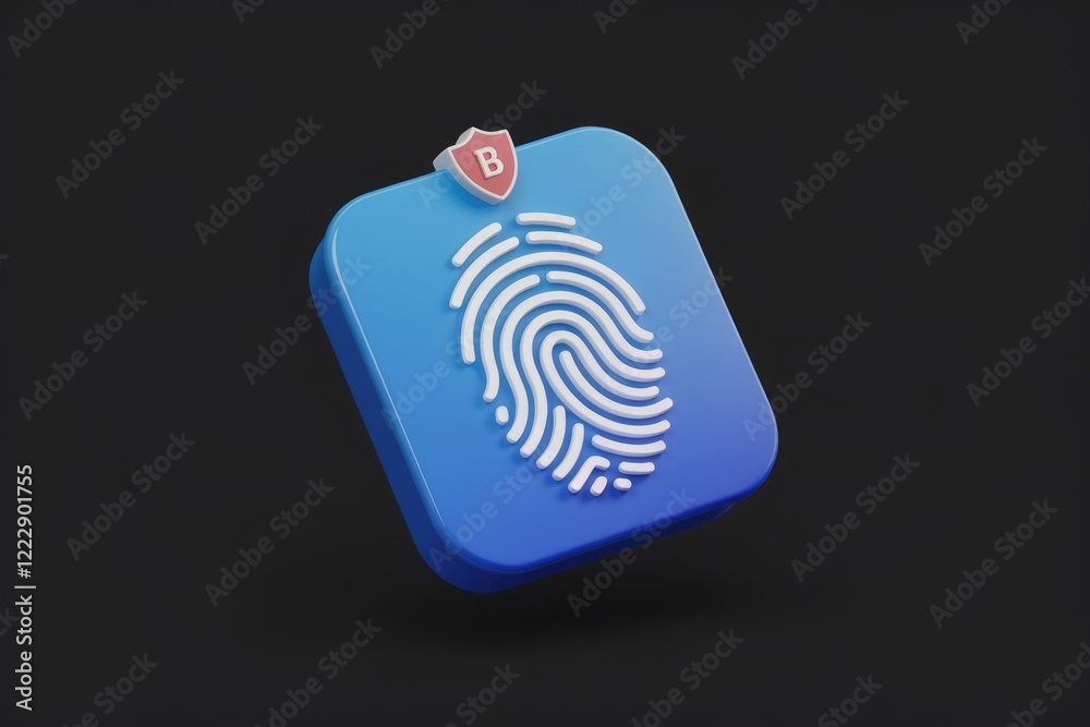 3D illustration of a blue square button with a fingerprint and a shield, representing biometric security. 3D illustration of a blue square button with a fingerprint and a shield, representing biometric security.