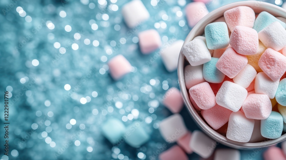 A delightful bowl filled with colorful marshmallows, perfect for enhancing desserts or enjoying as a cozy treat, surrounded by a shimmering blue background. A delightful bowl filled with colorful marshmallows, perfect for enhancing desserts or enjoying as a cozy treat, surrounded by a shimmering blue background.
