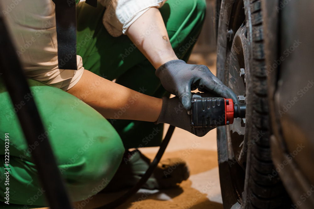 Obraz premium Mechanic Preparing to Change a Tire with Power Tool in a Workshop