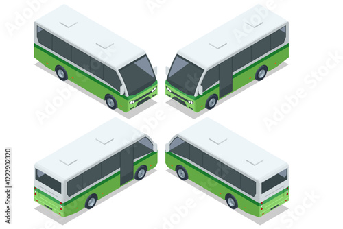 An isometric display of a compact green intercity bus viewed from all angles, highlighting its sleek and functional design for intercity travel.
