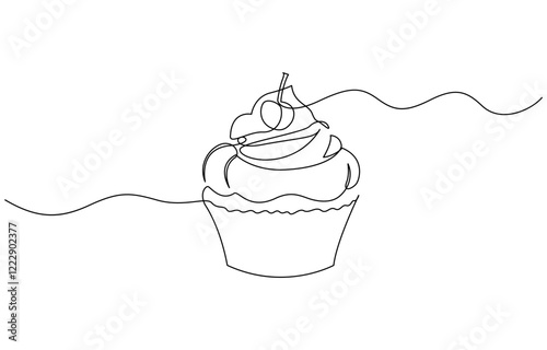 Continuous one line drawing of cup cake. One line drawing illustration, Muffin cake depicted in continuous line drawing. Minimalist illustration for food and drink concepts.