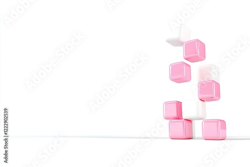 Stacked pink and white building blocks creating a playful structure on a clean surface