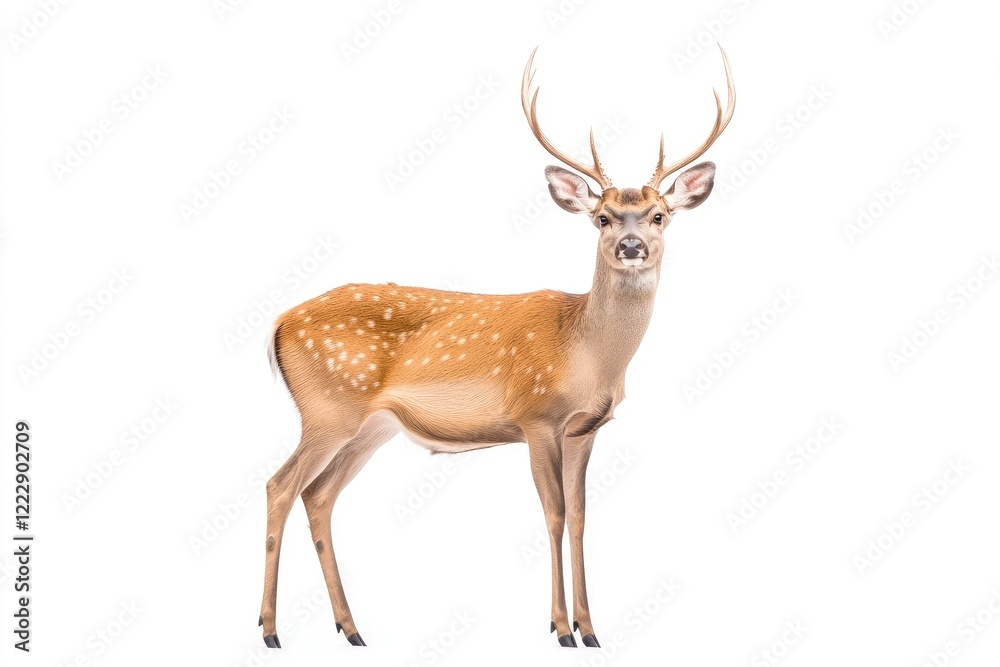 Obraz premium A majestic deer stands gracefully against a white backdrop, showcasing its elegant antlers and spotted coat