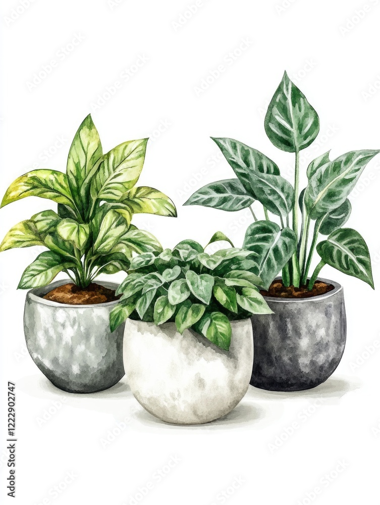 Fototapeta premium Three Potted Plants White Background
