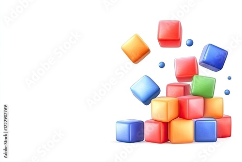 Colorful building blocks cascading in a playful arrangement with vibrant spheres around them