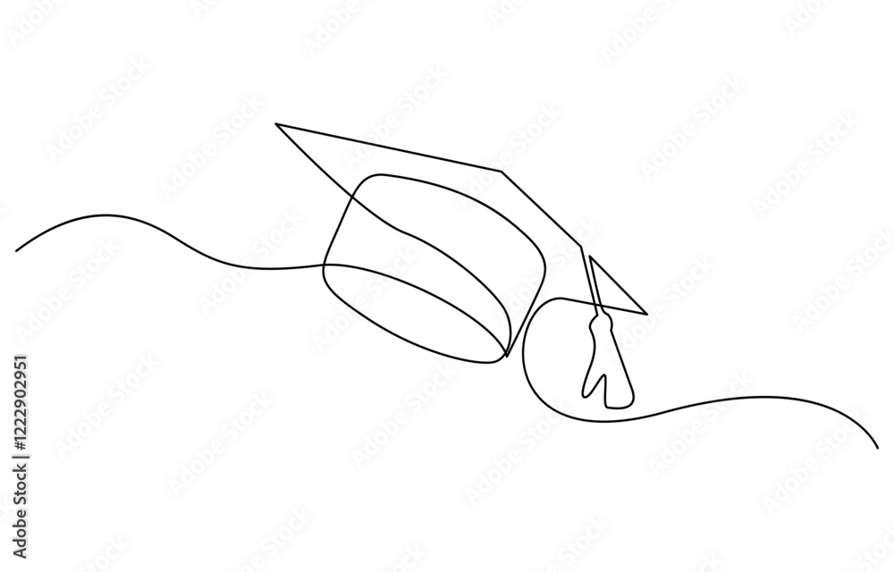 Obraz premium Graduation hat one line illustration. Hand drawn sketch of student cap on white background, Continuous cap one line art drawing of graduation hat concept outline vector.