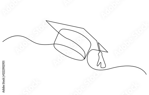 Graduation hat one line illustration. Hand drawn sketch of student cap on white background, Continuous cap one line art drawing of graduation hat concept outline vector.