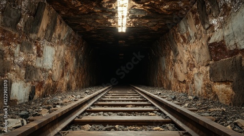 A dimly lit view of an abandoned mine tunnel featuring rustic train tracks, conveying a sense of mystery and exploration in the depths of the earth.