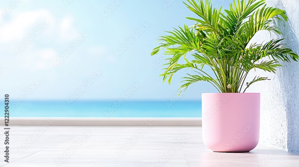 Obraz premium Pink potted palm tree on patio overlooking ocean