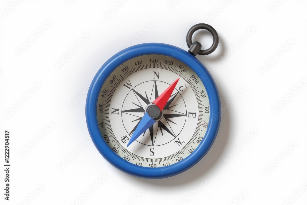 A blue compass with red and blue needles points North, isolated on white background. A blue compass with red and blue needles points North, isolated on white background.