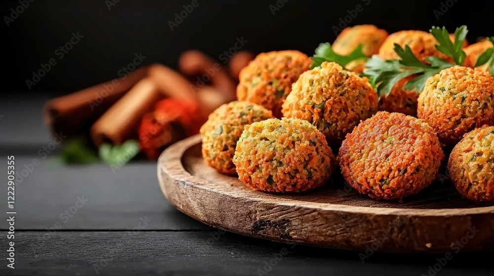 Close-up of golden falafels on wood platter Close-up of golden falafels on wood platter