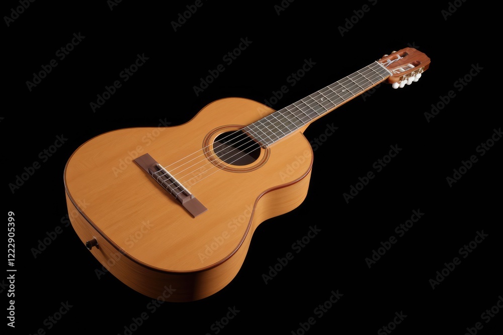 Fototapeta premium A classical guitar, light brown with a glossy finish, is shown against a transparent background.