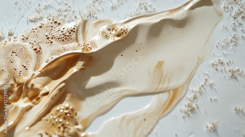 A white surface with a brown, frothy substance and small white particles.