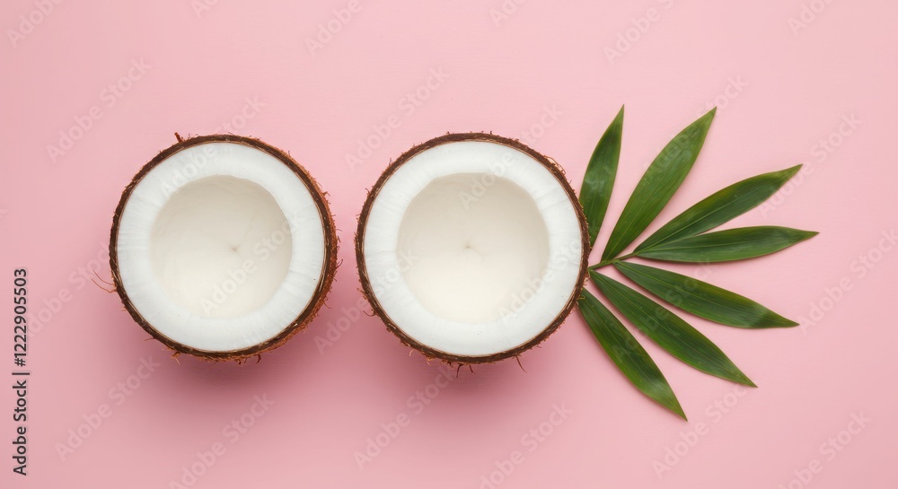 Halved coconut with green palm leaves on pink background Halved coconut with green palm leaves on pink background