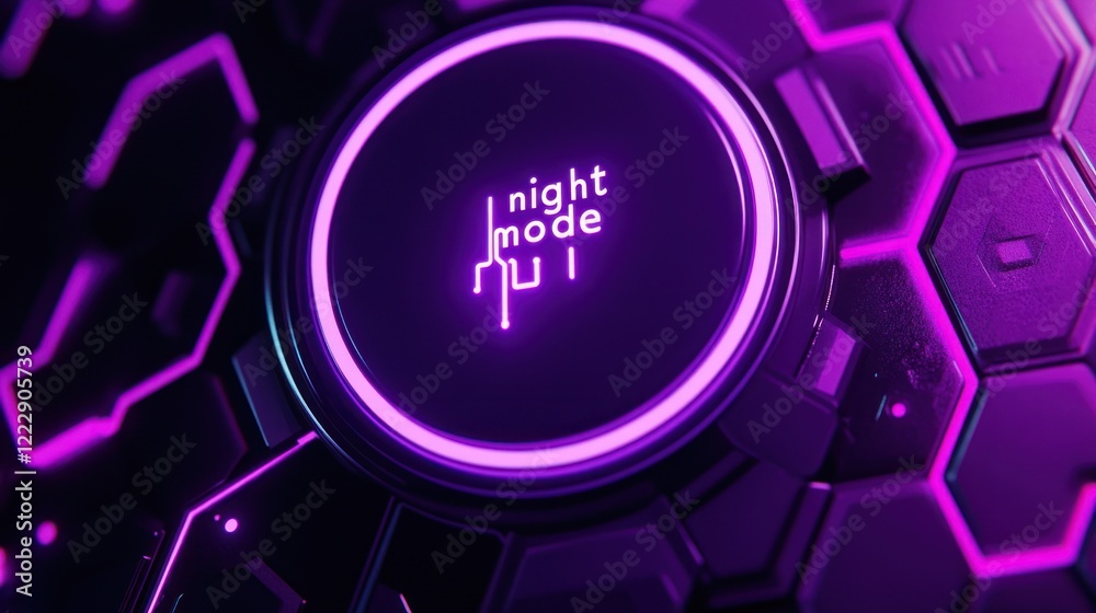 The power button is surrounded by hexagons and glowing lines, creating an abstract, tech-inspired background with neon purple light effects. The illustration features a The power button is surrounded by hexagons and glowing lines, creating an abstract, tech-inspired background with neon purple light effects. The illustration features a