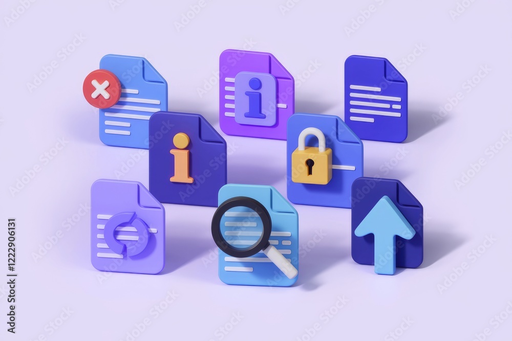 3D render of document icons showcasing file management, information, security, and upload processes. 3D render of document icons showcasing file management, information, security, and upload processes.