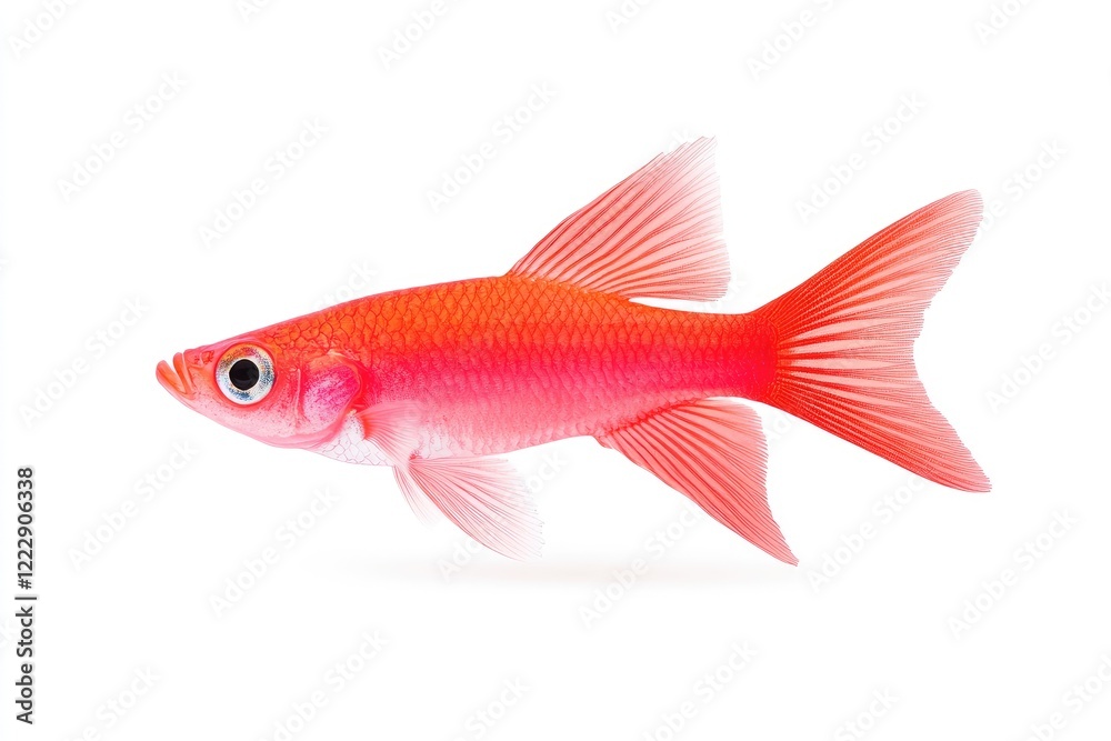 Fototapeta premium Bright pink goldfish swimming gracefully against a white background, showcasing its vibrant colors and fins