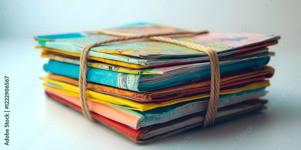 A stack of colorful folders tied with twine, suggesting organization and creativity. A stack of colorful folders tied with twine, suggesting organization and creativity.