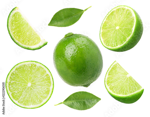 fresh lime, half, slices and leaf isolated, transparent PNG, PNG format, Juicy Lime © natthapol