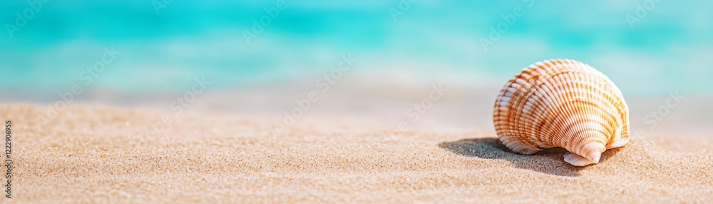 A beautiful seashell resting on a sandy beach with turquoise water in the background. A beautiful seashell resting on a sandy beach with turquoise water in the background.