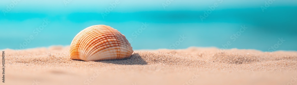 A close-up of a beautiful shell resting on soft sand near the tranquil ocean. A close-up of a beautiful shell resting on soft sand near the tranquil ocean.