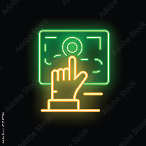 Neon icon representing a hand pressing a button on a control panel, symbolizing activation or interaction