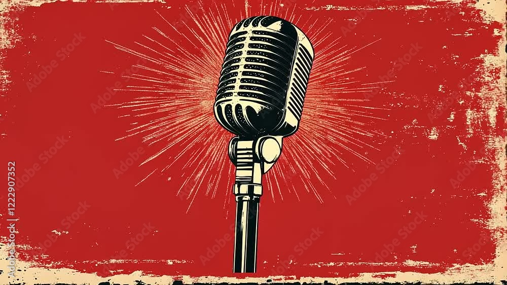Vintage Retro Microphone on Red Grunge Background with Burst
