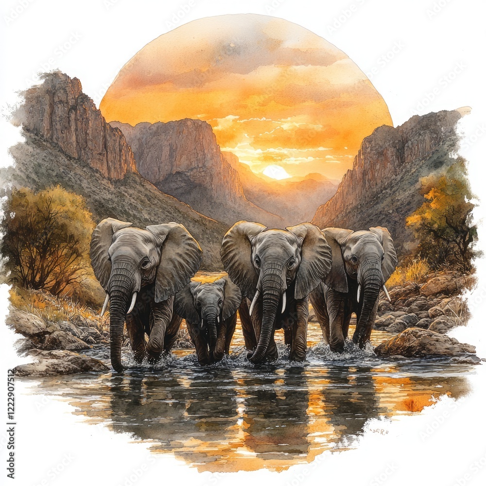 Fototapeta premium A majestic herd of elephants crossing a serene river at sunset amidst a stunning mountainous landscape