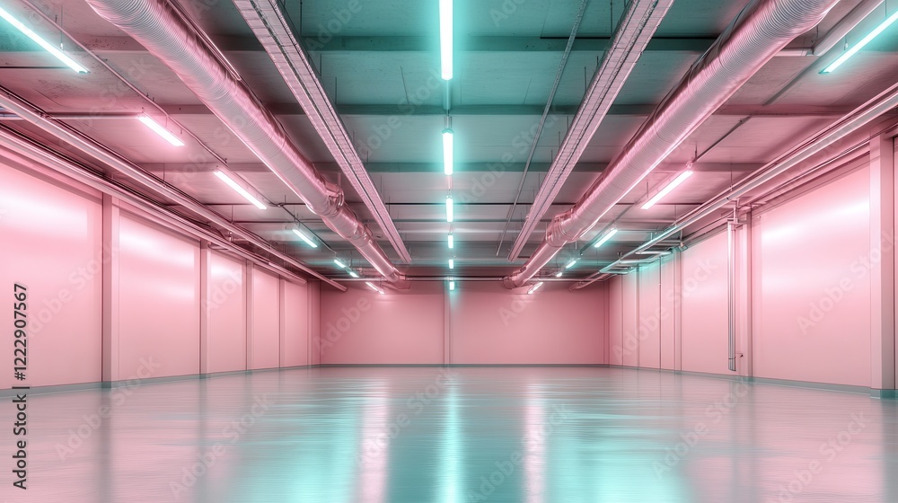 Fototapeta premium A creatively designed space featuring pastel-colored walls and industrial elements, creating a unique blend of nostalgia and modernity in a visually striking environment.