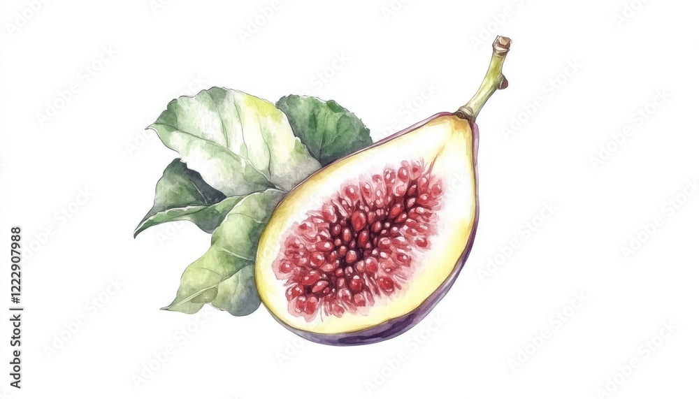 A beautifully illustrated fig cut in half, showcasing its vibrant seeds and rich color, surrounded by leaves A beautifully illustrated fig cut in half, showcasing its vibrant seeds and rich color, surrounded by leaves
