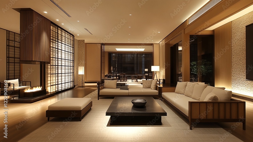 Fototapeta premium A modern living room with neutral tones and Japanese-inspired design elements.