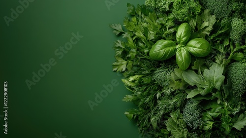 A captivating layout of various lush green leaves over a simple solid background, emphasizing their rich texture and vibrant color, ideal for natural themes.