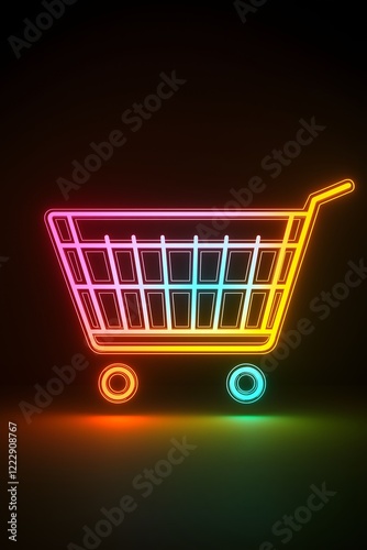 Neon shopping cart icon, vibrant colorful glow, dark background, retro 80s aesthetic, digital art, gradient colors, minimalist design, e-commerce concept