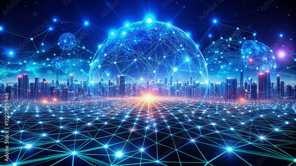 Futuristic Cityscape with Digital Connections and Network Grid Futuristic Cityscape with Digital Connections and Network Grid