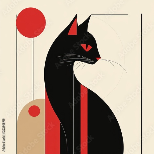 Abstract Art Depicting a Black Cat with Red Accents photo