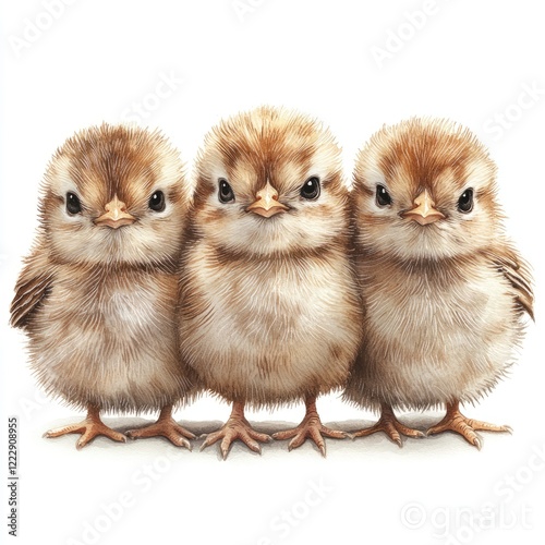 Three fluffy chicks standing closely together, showcasing their soft feathers and curious expressions