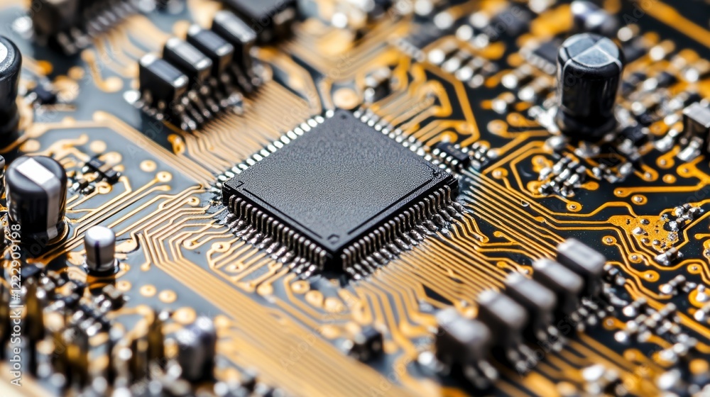 A detailed close-up of a microchip on a circuit board, high-resolution with intricate details, Precision style A detailed close-up of a microchip on a circuit board, high-resolution with intricate details, Precision style