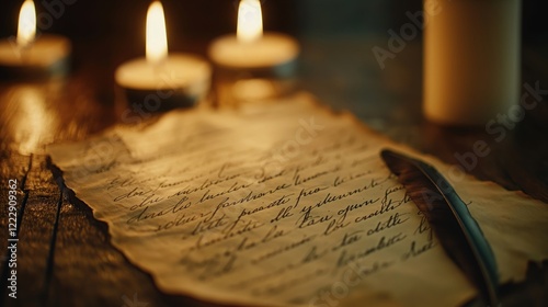 Vintage writing setup with candlelight ambiance photo