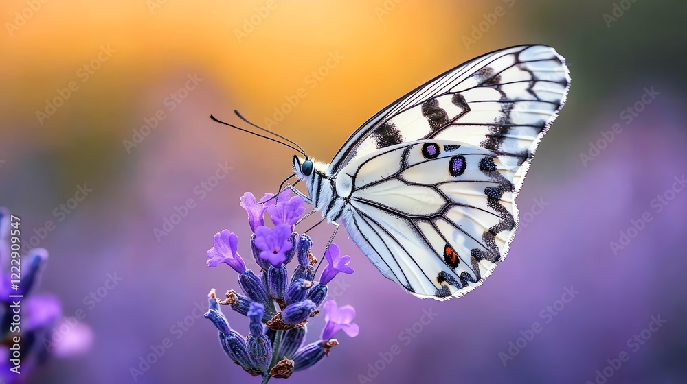 Fototapeta premium A delicate butterfly perched on vibrant lavender flowers at sunset.