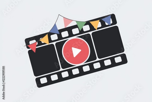 A film reel with a play button and festive bunting, symbolizing video celebration. photo