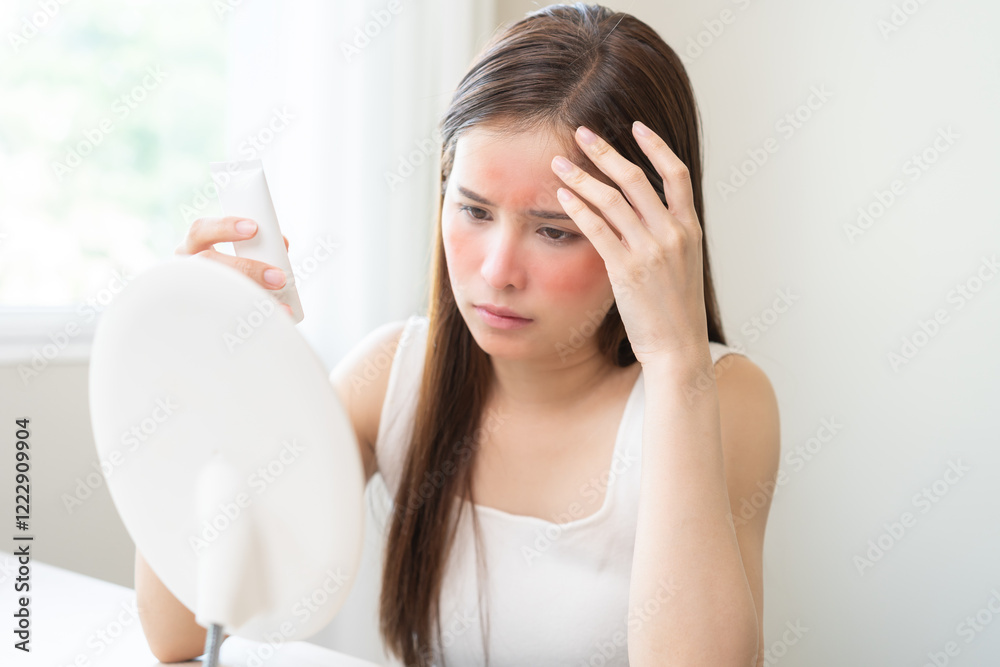 Dermatology, asian young woman looking at mirror, holding cream tube in hand, expression worry and itch, itchy allergy or allergic sensitive reaction, red or rash on face. Beauty care of skin problem Dermatology, asian young woman looking at mirror, holding cream tube in hand, expression worry and itch, itchy allergy or allergic sensitive reaction, red or rash on face. Beauty care of skin problem
