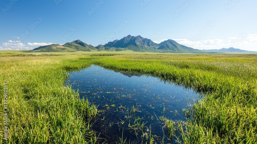 Mountain reflection in tranquil wetland, grassland landscape, scenic view, nature background, travel photography Mountain reflection in tranquil wetland, grassland landscape, scenic view, nature background, travel photography