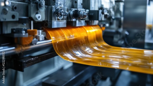 High-capacity machinery extruding molten plastic into thin, flexible sheets