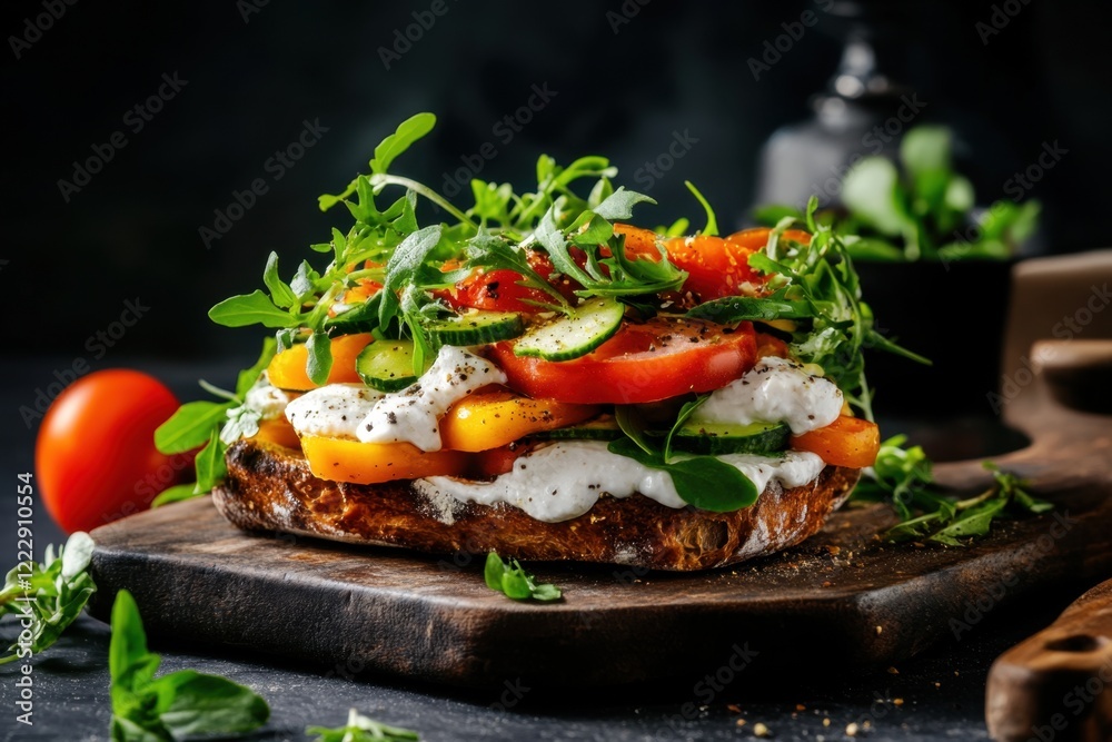 Fresh vegetable bruschetta with arugula on rustic bread Fresh vegetable bruschetta with arugula on rustic bread