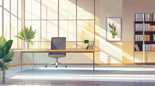 Modern sustainable office with sleek design and vibrant natural lighting, realistic depiction, isolated with a clean background for clarity and artistic focus.