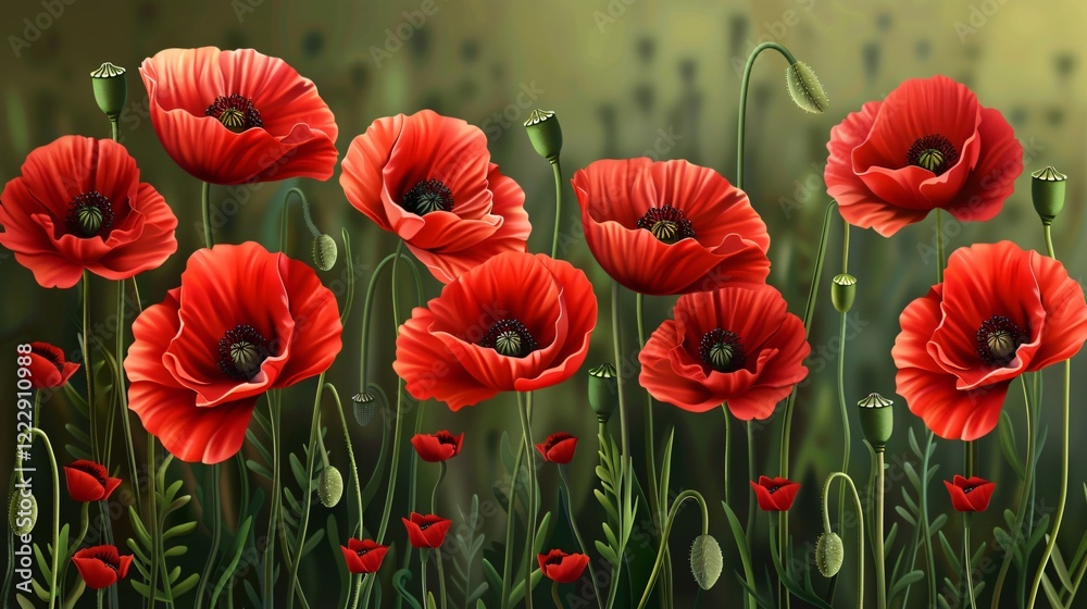 Obraz premium Vibrant 3D Red Poppy Flower Field Blooming in Realistic Style