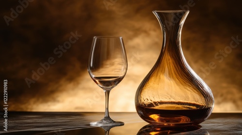 A glass of wine and a decanter sit on a table against a dark background.