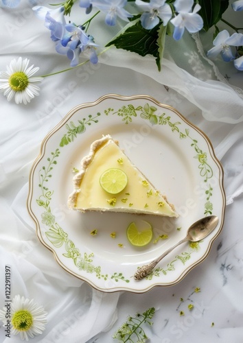 A slice of key lime pie on an elegant plate decorated with tiny dot in green script dessert spoon cheesecake.