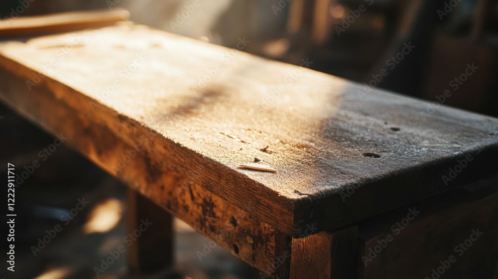 Close-up of sanding antique bench, soft light highlighting craftsmanship in cozy workshop Close-up of sanding antique bench, soft light highlighting craftsmanship in cozy workshop